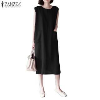 ZANZEA Women Korean Commuting Fashion Sleeveless Solid Color Side Pockets H Dress