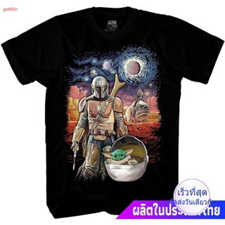 เสื้อยืดแขนสั้นสตาร์วอร์สเสื้อยืดแขนสั้น Star Wars The Mandalorian Starry Night Surreal Artwork Baby Yoda T-Shirt star w