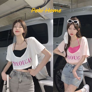 เสื้อสายเดี่ยวข้างใน+เสื้อคลุมสั้น แขนสั้นชุดเเฟชั่นสองชิ้น เสื้อครอปเอวลอย เสื้อครอปผู้หญิง
