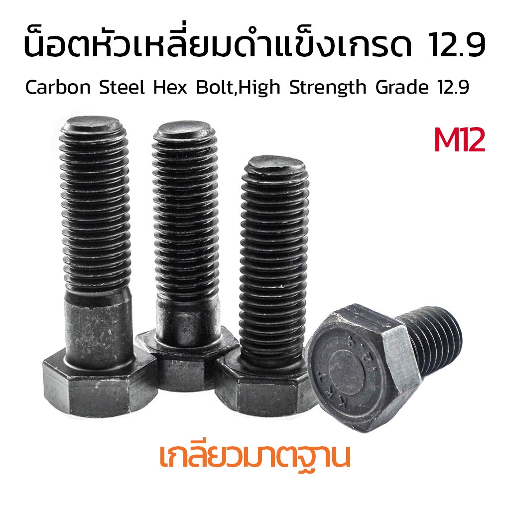 น็อตหัวหกเหลี่ยมดำ M12 เกลียว 1.75 (แพ็คละ 2 ตัว) ยาว 20-60 mm น็อตหัวเหลี่ยมเบอร์ 19 แข็ง 12.9 สกรู