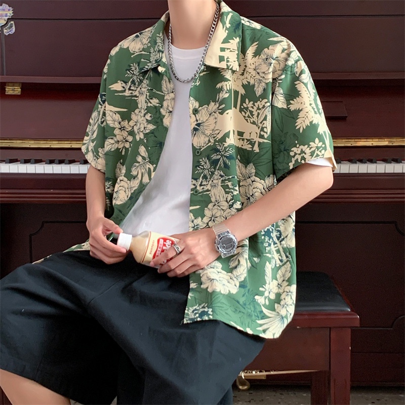 EERSHENSHI เสื้อเชิ้ตผู้ชายสีเขียวแขนสั้นเสื้อเชิ้ตผู้ชายฤดูร้อนบางส่วนฮ่องกงรสย้อนยุคสบายๆฮาวายเดินทางดอกไม้ชายหาดเสื้อดอกไม้น้ำ - รูปที่ 4