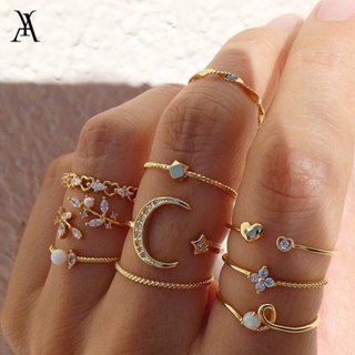 AY(CN)Retro Moon Star Butterfly Ring Set Hollow Snake Crystal Gold Rings for Women Jewelry Accessories