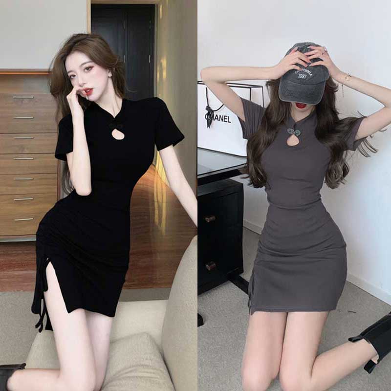 Mini dress กระโปรงสั้นทรงเอ ดีไซน์ตกแต่งคอจีน ผ่าข้างเล็กๆ เดรสรัดรูป ใส่เที่ยวเก๋ๆ