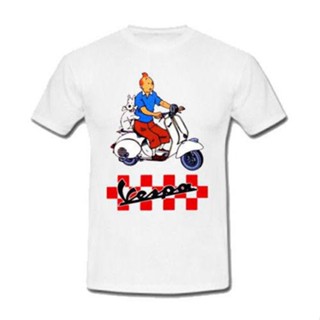 ขายเสื้อยืด ผ้าฝ้าย พิมพ์ลายการ์ตูน Tintin Vespa สไตล์ฮิปฮอป สําหรับผู้ชาย（S-5XL）