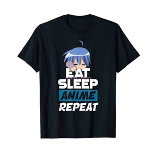 เสื้อยืดแขนสั้นเสื้อยืด แขนสั้น พิมพ์ลายการ์ตูนอนิเมะ Eat Sleep Repeat สไตล์ญี่ปุ่นS-5XL