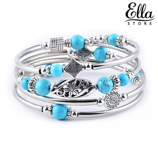 Ellastore123 กําไลข้อมือ หินธรรมชาติ หลายชั้น สีฟ้าเทอร์ควอยซ์ เครื่องประดับ สําหรับผู้หญิง