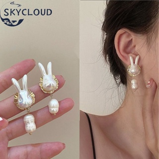 Skycloud Exaggerated Gold White Pearl Rabbit Drop Earrings for Women Girl Korean Exquisite Elegant Cute Earring Vacatiion Shopping Anti-allergic Ear Jewelry Accessories