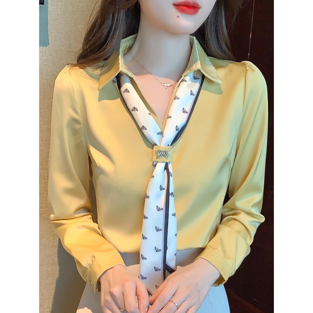 ใหม่ เสื้อเชิ้ตแขนยาว ผ้าชีฟอง คอวี แบบผูกเชือก แบบมืออาชีพ ใส่ทํางาน สําหรับผู้หญิง