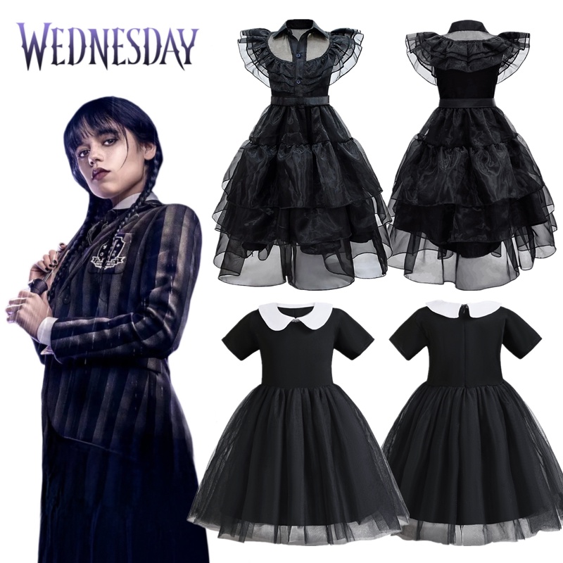 Wednesday Addams ชุดเดรสคอสเพลย์ สีดํา สําหรับเด็กผู้หญิง เหมาะกับงานปาร์ตี้ฮาโลวีน 3-10