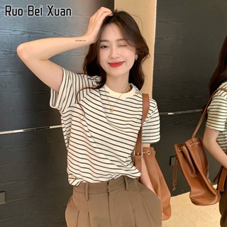 RUO BEI XAUN เสื้อยืดผ้าฝ้ายแขนสั้นลายสก๊อตฤดูร้อนใหม่ของผู้หญิง