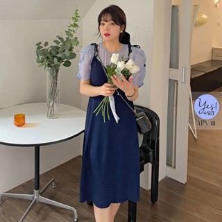 ชุดเซ็ท 2 ชิ้นสาวอวบอก 40-50 นิ้ว เสื้อสีฟ้าเลื่อมลายจุดเล็ก+เดรสสายเดี่ยวผูกไหล่สีกรม YPS-111