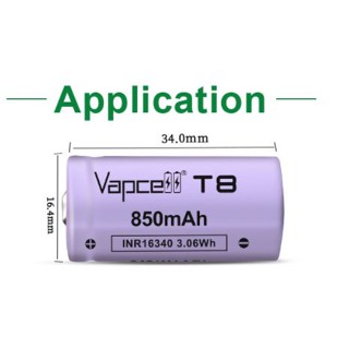 ถ่านชาร์จ Vapcell 16340 T8 850mah 3A  (2 ก้อน ฟรีกล่องใส่ถ่าน) ถ่าน