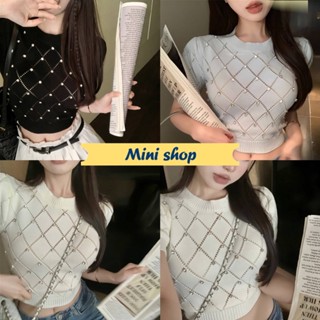 Mini shop🌸พร้อมส่ง🌸 (63042) เสื้อไหมพรมแขนสั้น คอกลม ดีเทลปักเพชรทั้งตัวสีพาสเทล