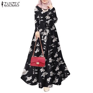 ZANZEA Women Muslim Casual Loose Daily O-Neck Slit Floral Printed Long Dress