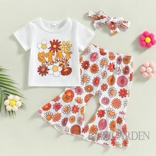 Babygarden-6m-5y ชุดเสื้อผ้าเด็กผู้หญิง แขนสั้น คอกลม พิมพ์ลายดอกไม้ เสื้อ + กางเกงกระดิ่ง ด้านล่าง + ที่คาดผม