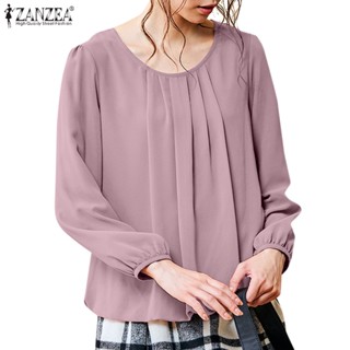 ZANZEA Women Korean Daily O-Neck Pleated Design Full Sleeve Pleated Design Blouses