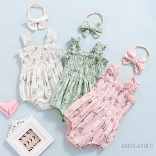 Babygarden-0-24 เดือน ชุดรอมเปอร์ แขนกุด พิมพ์ลายดอกไม้ สายรัดไหล่ ยางยืด + ที่คาดผม สําหรับเด็กผู้หญิง