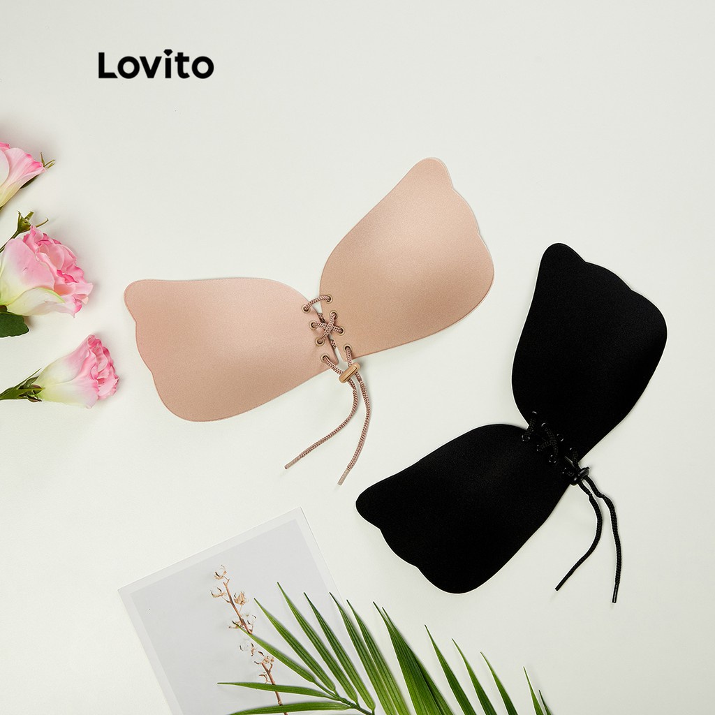 Lovito 2 ชิ้นบราปีกนก เเบบเชือกรูด สีพื้น L13X108 (สีดำ/เนื้อ)