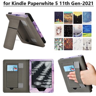 ใหม่ เคสหนัง PU พร้อมสายคล้องมือ และที่ตั้งวางบัตร สําหรับ Kindle Paperwhite 5 Kindle Paperwhite 11th Generation 2021