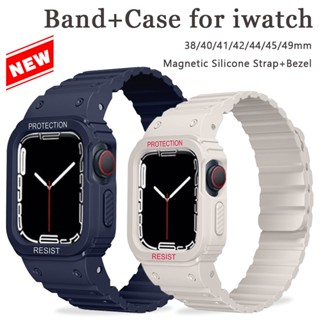 สายนาฬิกาข้อมือซิลิโคนแม่เหล็ก พร้อมเคส สําหรับ iwatch Band ultra 49 มม. Bezel Band for iwatch 8 7 SE 6 5 4 45 มม. 44 มม. 41 มม. 38 มม.