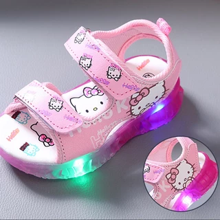 SUGE รองเท้าแตะลําลอง ลายการ์ตูนแมว มีไฟ LED สีชมพู สีม่วง แฟชั่นชายหาด สําหรับเด็ก