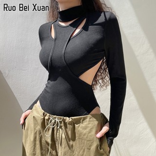 RUO BEI XAUN เสื้อยืดสตรีสไตล์ยุโรปและอเมริกาเซ็กซี่สตรีทแฟชั่นแขนยาวชิ้นเดียว