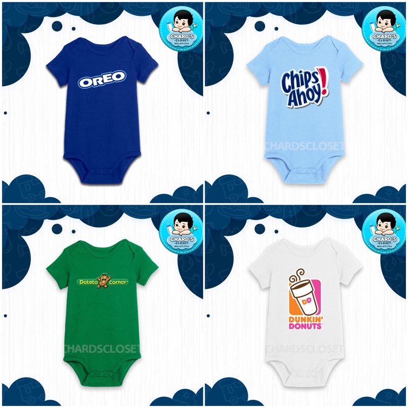โลโก้อาหารที่กําหนดเองพิมพ์บน baby onesie (Oreo, Ahoy ชิป, มันฝรั่งมุม, Dunkin Donut) QME