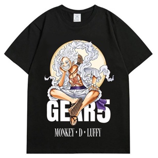 เสื้อยืดแขนสั้นผ้าฝ้ายคอกลมฤดูร้อนการ์ตูนญี่ปุ่น ONE PIECE เกียร์ห้า Luffy Nika ล้อมรอบผู้ชายและผู้หญิงเสื้อยืดแขนสั้นสบ