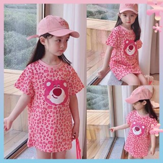 Childrens cartoon short-sleeved dress 2023 spring and summer new girls pink leopard print bear mid-length T-shirt dress