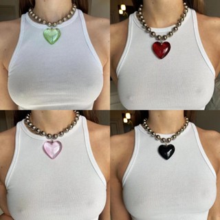 1 Pcs Korean version of round bead chain glass love pendant necklace womens simple bead chain minority cool hip hop collarbone chain