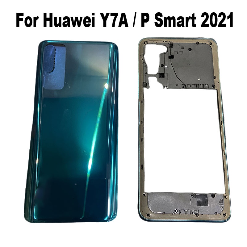 2021สําหรับHuawei Y7Aฝาครอบแบตเตอรี่ด้านหลังกระจกด้านหลังประตู + กรอบกลางด้านหน้าLcdผู้ถือโลหะแชสซี
