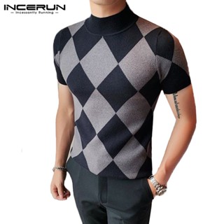 Incerun เสื้อท็อปส์ ผ้าถัก เข้ารูป ยืดหยุ่น