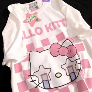 SANRIO ใหม่ เสื้อยืดแขนสั้น ผ้าฝ้าย พิมพ์ลายการ์ตูน Hello Kitty ทรงหลวม โอเวอร์ไซซ์ แฟชั่นฤดูร้อน สําหรับผู้หญิง [RAIN]