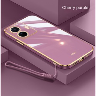 Oppo A17 A17K A77s A77 5G A57 2022 ขอบสี่เหลี่ยม หรูหรา ชุบ ด้านหลัง TPU เคสนิ่ม พร้อมเชือกเส้นเล็ก เคสมันวาว