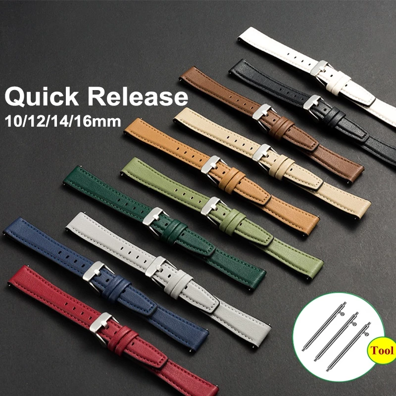 สายนาฬิกาข้อมือ สายหนังวัวแท้ แบบนิ่ม ปลดไว ขนาด 10/12 มม. 14 มม. 16 มม. สไตล์นักธุรกิจ สําหรับผู้หญิง