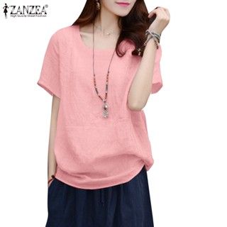 Zanzea เสื้อเบลาส์ คอกลม แขนสั้น สีพื้น สไตล์วินเทจ สําหรับผู้หญิง