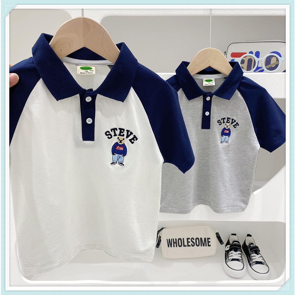 เสื้อยืดแขนสั้นเด็กผู้ชาย 2023 ฤดูร้อนใหม่เด็กชายผ้าฝ้ายพิมพ์การ์ตูนระบายอากาศแห้งเร็วปกโปโลแขนสั้นด้านบน