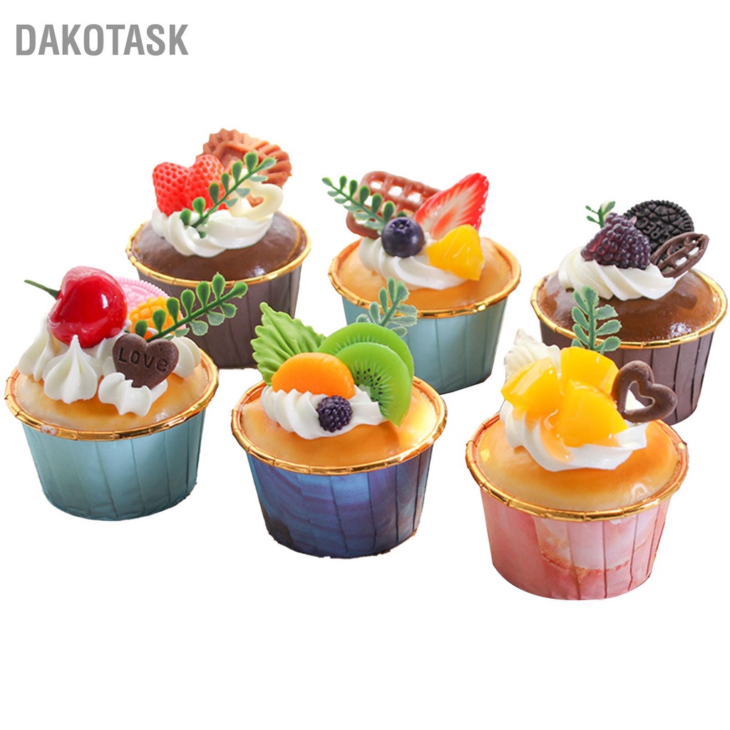 DAKOTASK 6 ชิ้นประดิษฐ์คัพเค้กปลอมตกแต่งแบบจำลองคัพเค้กสำหรับแสดงอุปกรณ์ตกแต่งห้องครัวอุปกรณ์ประกอบฉากการถ่ายภาพ