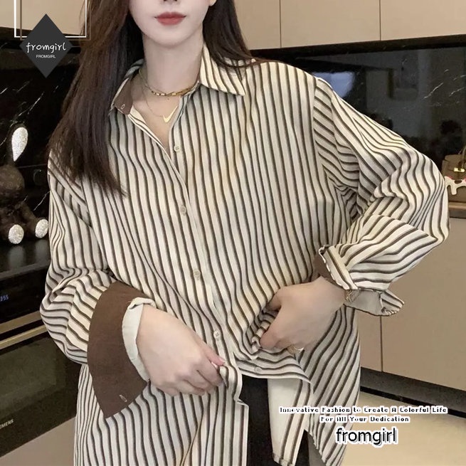 เสื้อเชิ้ตแขนยาว ลายทางแนวตั้ง สไตล์เรโทร แฟชั่นฤดูใบไม้ผลิ สําหรับผู้หญิง 2023