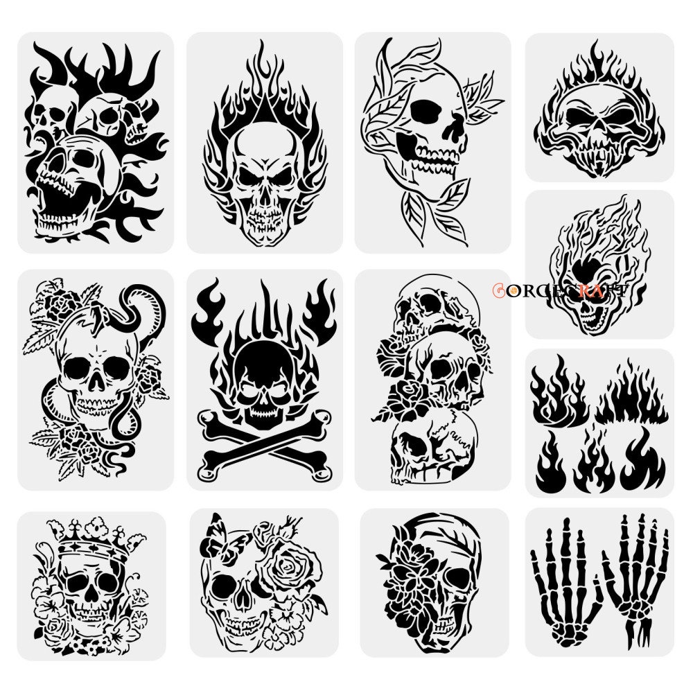 Benecreat แม่แบบลายฉลุ รูปหัวกะโหลก เปลวไฟ น่ากลัว สําหรับตกแต่งสมุดภาพ การ์ด พื้น เทศกาลฮาโลวีน 13 ชิ้น 1 ชุด