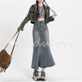 DaDulove💕 New Korean Version of INS Raw Edge Denim Skirt Niche High Waist Mid-length Skirt WOMENS Bag Hip Skirt