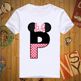 เสื้อเชิ้ตแขนสั้น เสื้อไม่ต้องรีด ผ้านุ่ม เสื้อยืดตัวอักษร P มินนี่ลายจุด ลายน่ารักๆ