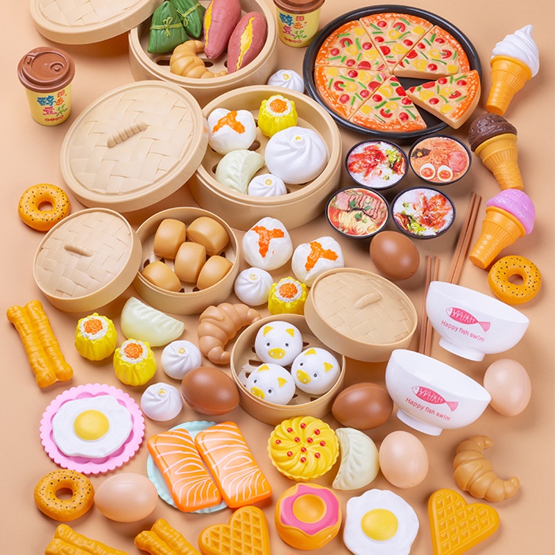 พร้อมส่ง/ชุดของเล่นติ่มซำ 84pcs/set ชุดของเล่นอาหาร ขนมจีบ ซาลาเปา พิซซ่า