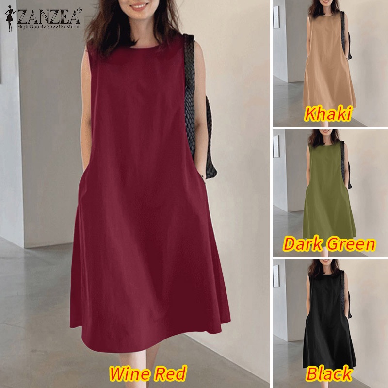 Zanzea ชุดเดรสแขนกุด คอปก ผ่าหลัง มีกระเป๋า สไตล์เกาหลี สําหรับผู้หญิง - รูปที่ 2