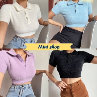 Mini shop🌸พร้อมส่ง🌸 (C590-1)  เสื้อไหมพรมแขนสั้น ดีเทลขนมุ้งมิ้ง สีพาสเทลน่ารักมาก