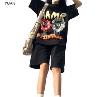 Yuan เสื้อยืดแขนสั้น คอกลม พิมพ์ลายกราฟฟิคแกะตลก แฟชั่นฤดูร้อน สําหรับวัยรุ่น