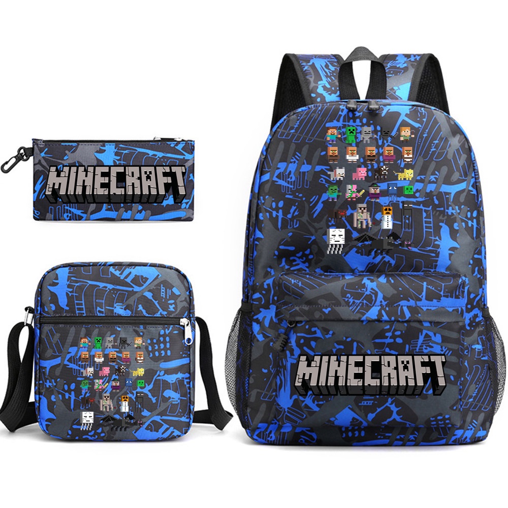 Minecraft กระเป๋าเป้สะพายหลัง กระเป๋าดินสอ ขนาดใหญ่ จุของได้เยอะ ใส่แล็ปท็อปได้ สําหรับเด็กนักเรียนผู้ชาย และผู้หญิง 3 ชิ้น