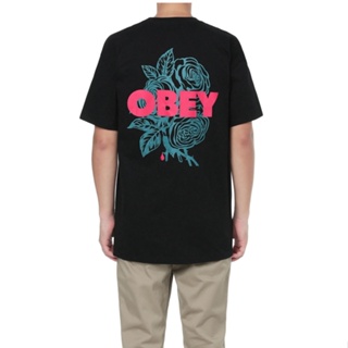 Obey เสื้อยืดแขนสั้น ผ้าฝ้าย พิมพ์ลายตัวอักษร ดอกกุหลาบ แฟชั่นฤดูใบไม้ร่วง และฤดูหนาว สําหรับผู้ชาย