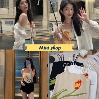 Mini shop🌸พร้อมส่ง🌸 (98116-1) เสื้อสายเดี่ยวไหมพรม ลายดอกไม้น่ารักมาก คิ้วสุดๆ