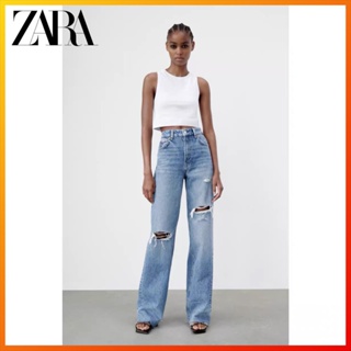 Zara ใหม่ กางเกงยีนส์ ขากว้าง เอวสูง แต่งรอยขาด สําหรับผู้หญิง